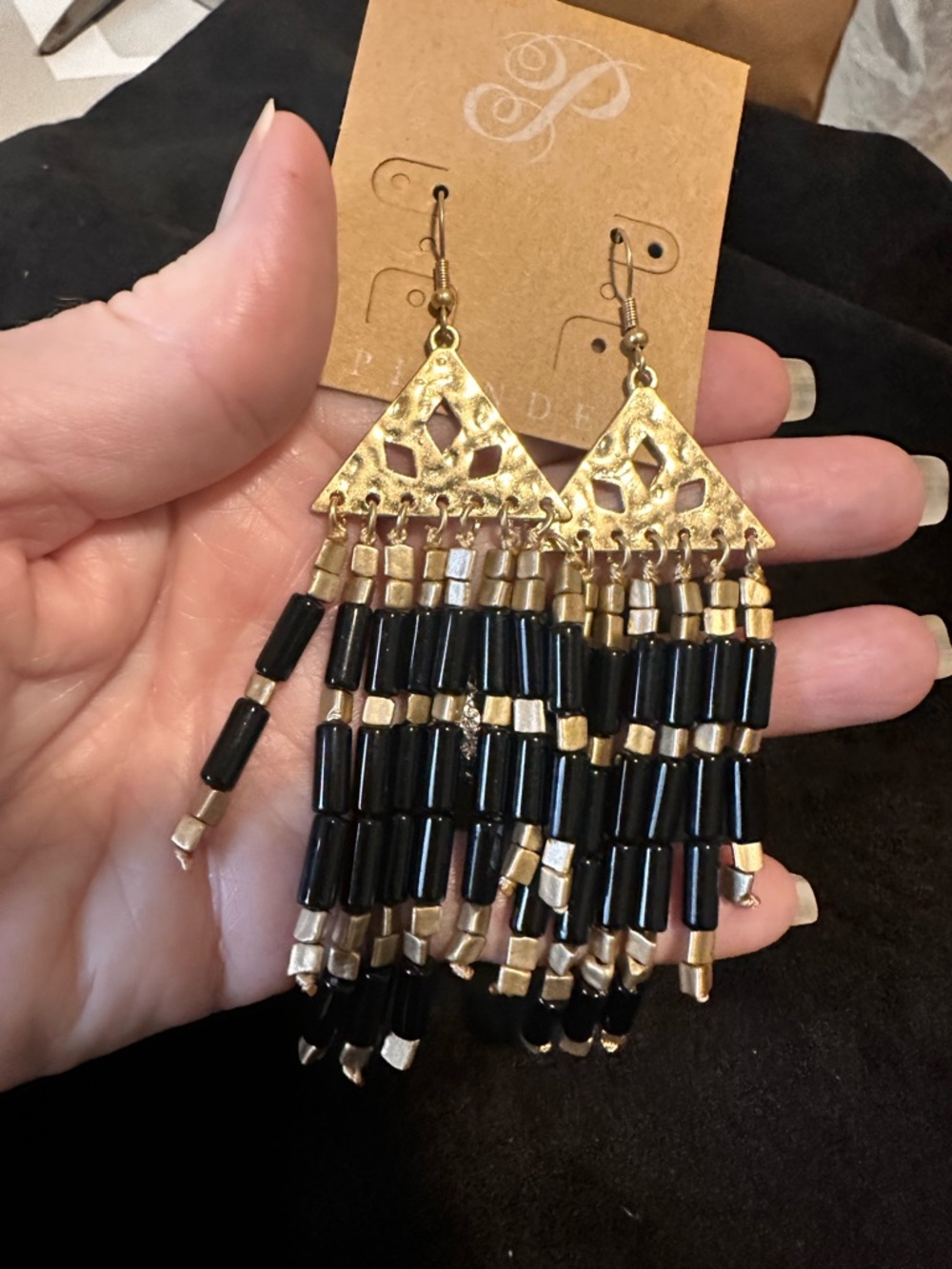 Plunder vintage Gold and Black Beaded Fringe pierced Earrings